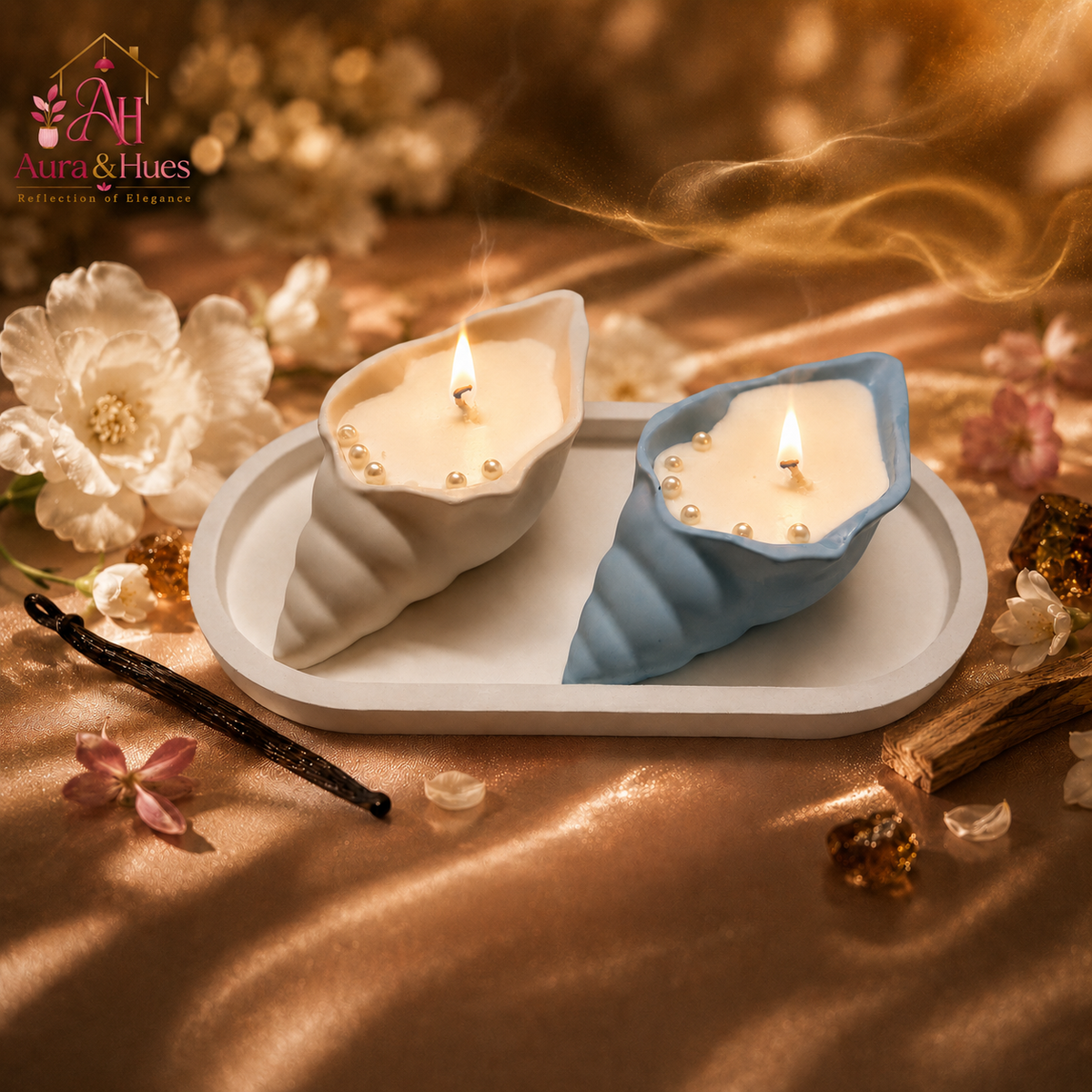 Aura & Hues Shell-Shaped Scented Candle Set of 2 with Oval Tray, Blue & White, Leather Blossom & Oudh Fragrances, Decorative Candles for Home Décor & Gifting, 20 × 10 × 4 cm