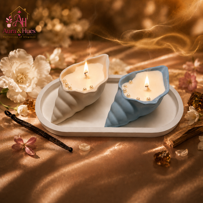 Aura & Hues Shell-Shaped Scented Candle Set of 2 with Oval Tray, Blue & White, Leather Blossom & Oudh Fragrances, Decorative Candles for Home Décor & Gifting, 20 × 10 × 4 cm