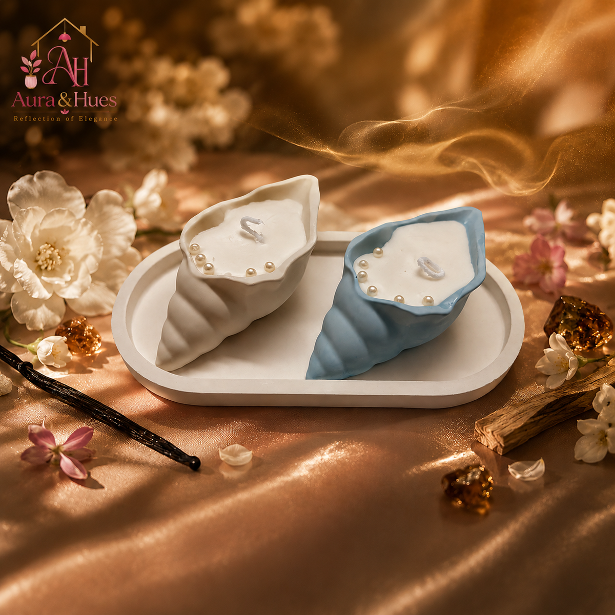 Aura & Hues Shell-Shaped Scented Candle Set of 2 with Oval Tray, Blue & White, Leather Blossom & Oudh Fragrances, Decorative Candles for Home Décor & Gifting, 20 × 10 × 4 cm