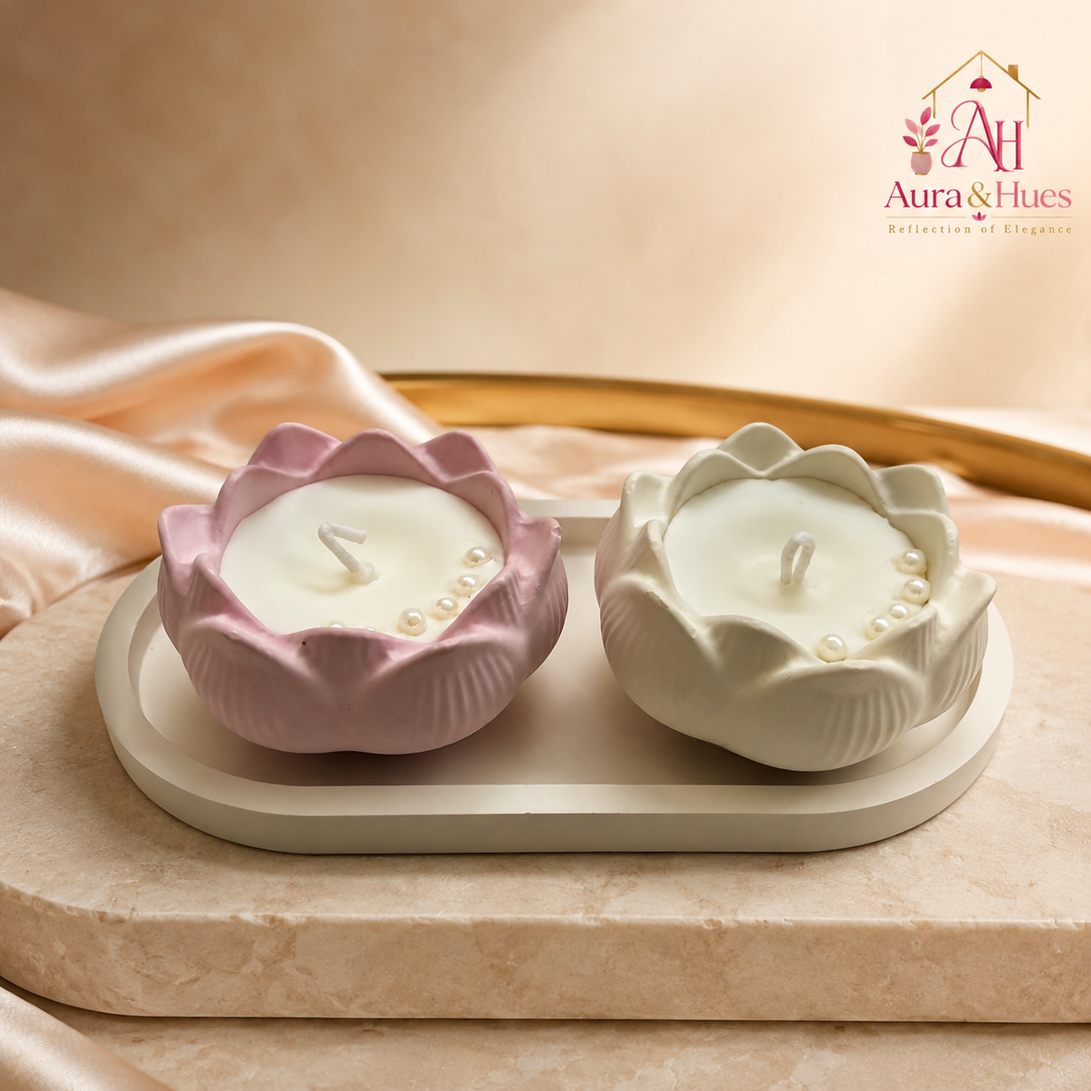 Aura & Hues Lotus Candle Set with Oval Tray, 3-Piece Set of 2 Decorative Candles & 1 Tray, Pink & Ivory Flower-Shaped Vessels with Pearl Details for Home Décor & Gifting