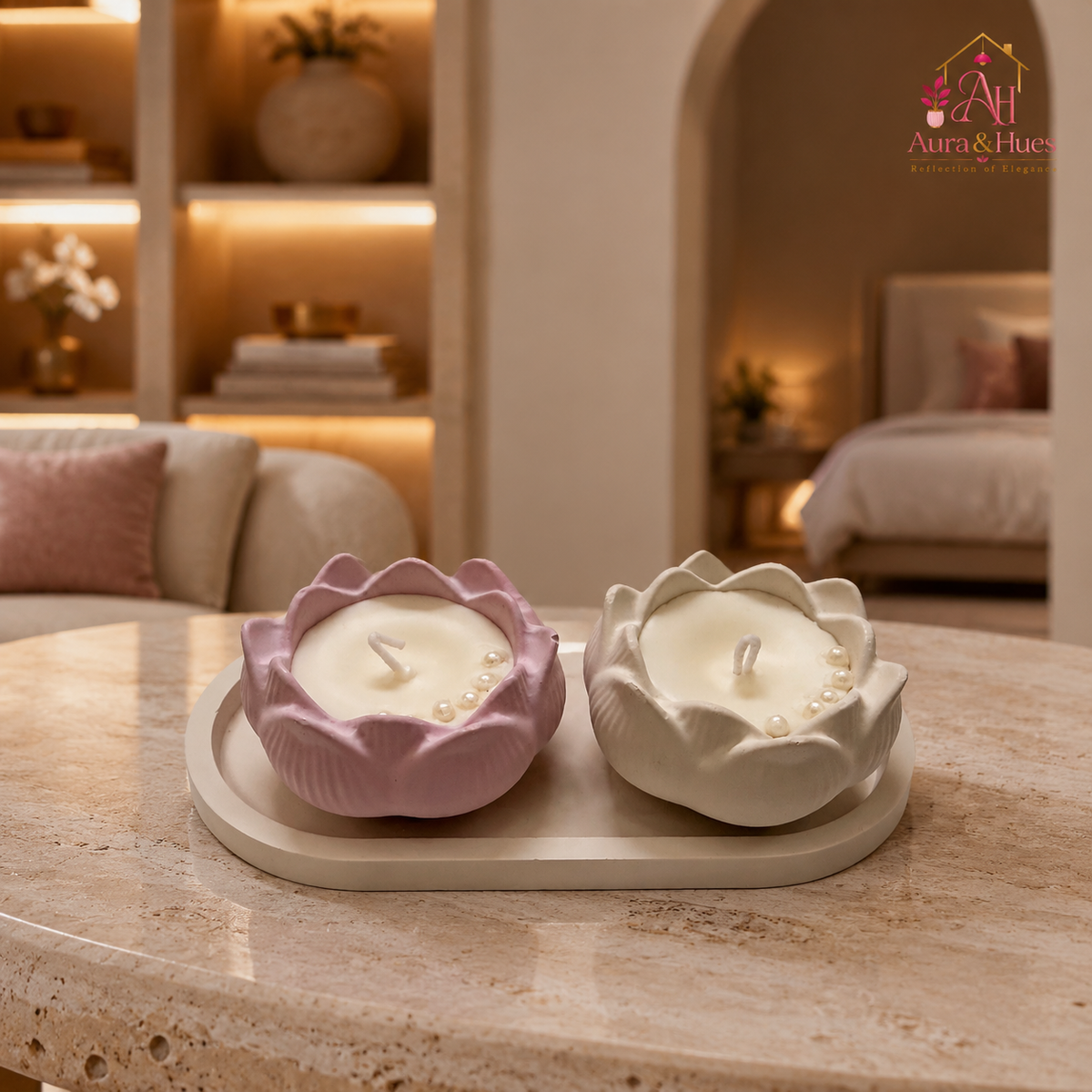 Aura & Hues Lotus Candle Set with Oval Tray, 3-Piece Set of 2 Decorative Candles & 1 Tray, Pink & Ivory Flower-Shaped Vessels with Pearl Details for Home Décor & Gifting