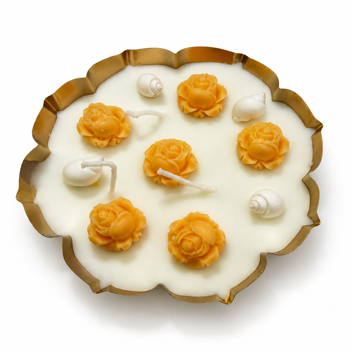 Aura & Hues Decorative Floral Urli Candle, Orange Rose & Ivory Shell Design, Gold-Toned Scalloped Bowl, Multi-Wick Candle for Home Décor & Festive Gifting