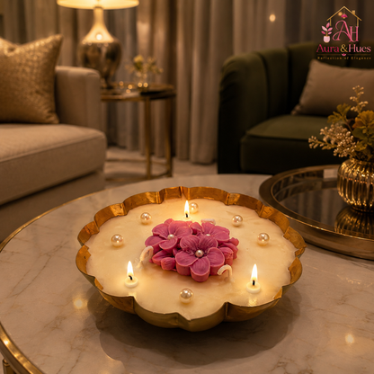 Aura & Hues Decorative Floral Urli Candle, Orange Rose & Ivory Shell Design, Gold-Toned Scalloped Bowl, Multi-Wick Candle for Home Décor & Festive Gifting