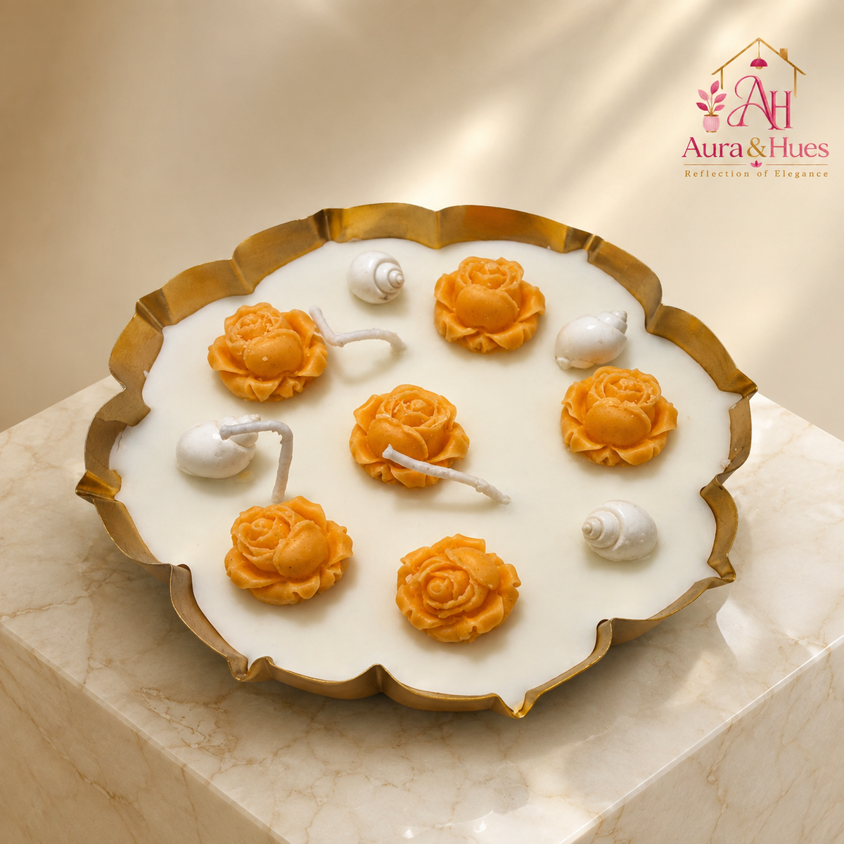 Aura & Hues Decorative Floral Urli Candle, Orange Rose & Ivory Shell Design, Gold-Toned Scalloped Bowl, Multi-Wick Candle for Home Décor & Festive Gifting