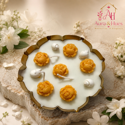 Aura & Hues Decorative Floral Urli Candle, Orange Rose & Ivory Shell Design, Gold-Toned Scalloped Bowl, Multi-Wick Candle for Home Décor & Festive Gifting