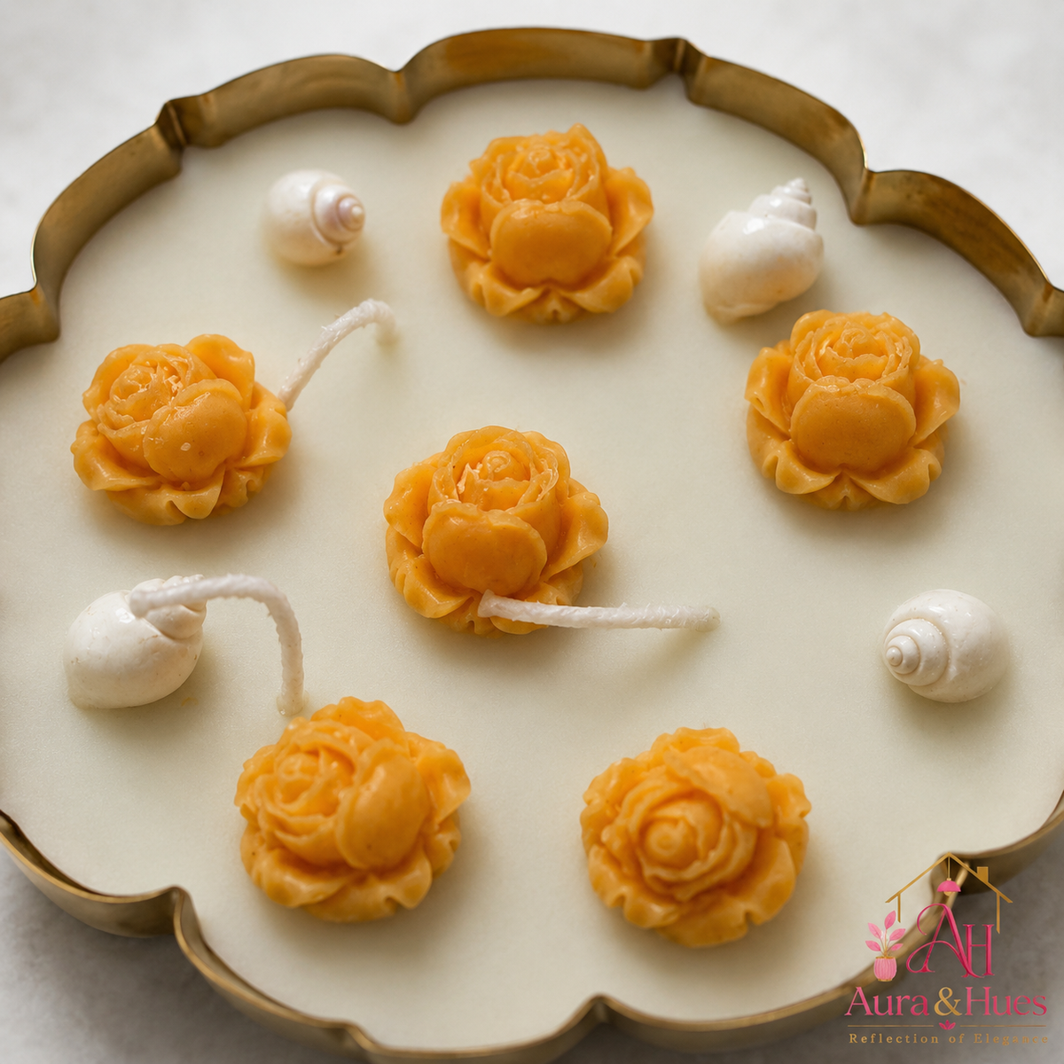 Aura & Hues Decorative Floral Urli Candle, Orange Rose & Ivory Shell Design, Gold-Toned Scalloped Bowl, Multi-Wick Candle for Home Décor & Festive Gifting