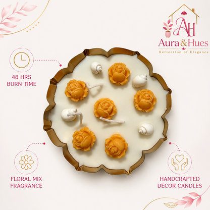 Aura & Hues Decorative Floral Urli Candle, Orange Rose & Ivory Shell Design, Gold-Toned Scalloped Bowl, Multi-Wick Candle for Home Décor & Festive Gifting