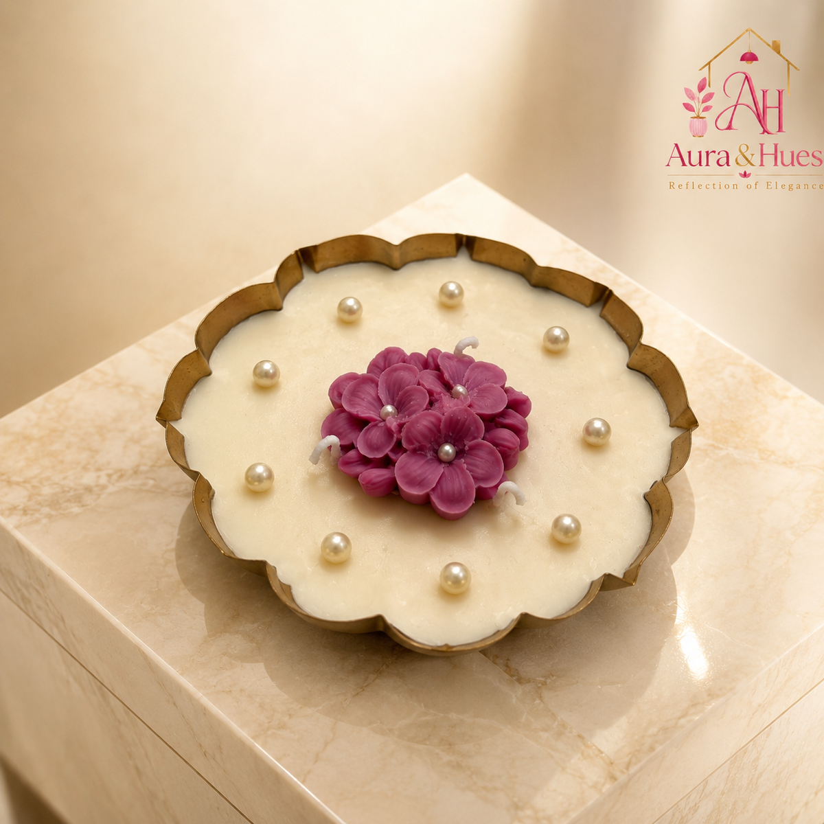 Aura & Hues Decorative Floral Urli Candle, Orange Rose & Ivory Shell Design, Gold-Toned Scalloped Bowl, Multi-Wick Candle for Home Décor & Festive Gifting