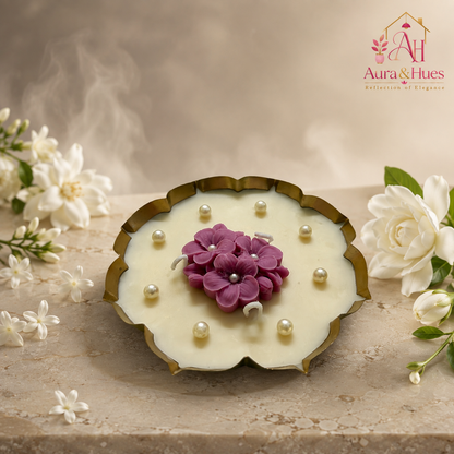 Aura & Hues Decorative Floral Urli Candle, Orange Rose & Ivory Shell Design, Gold-Toned Scalloped Bowl, Multi-Wick Candle for Home Décor & Festive Gifting