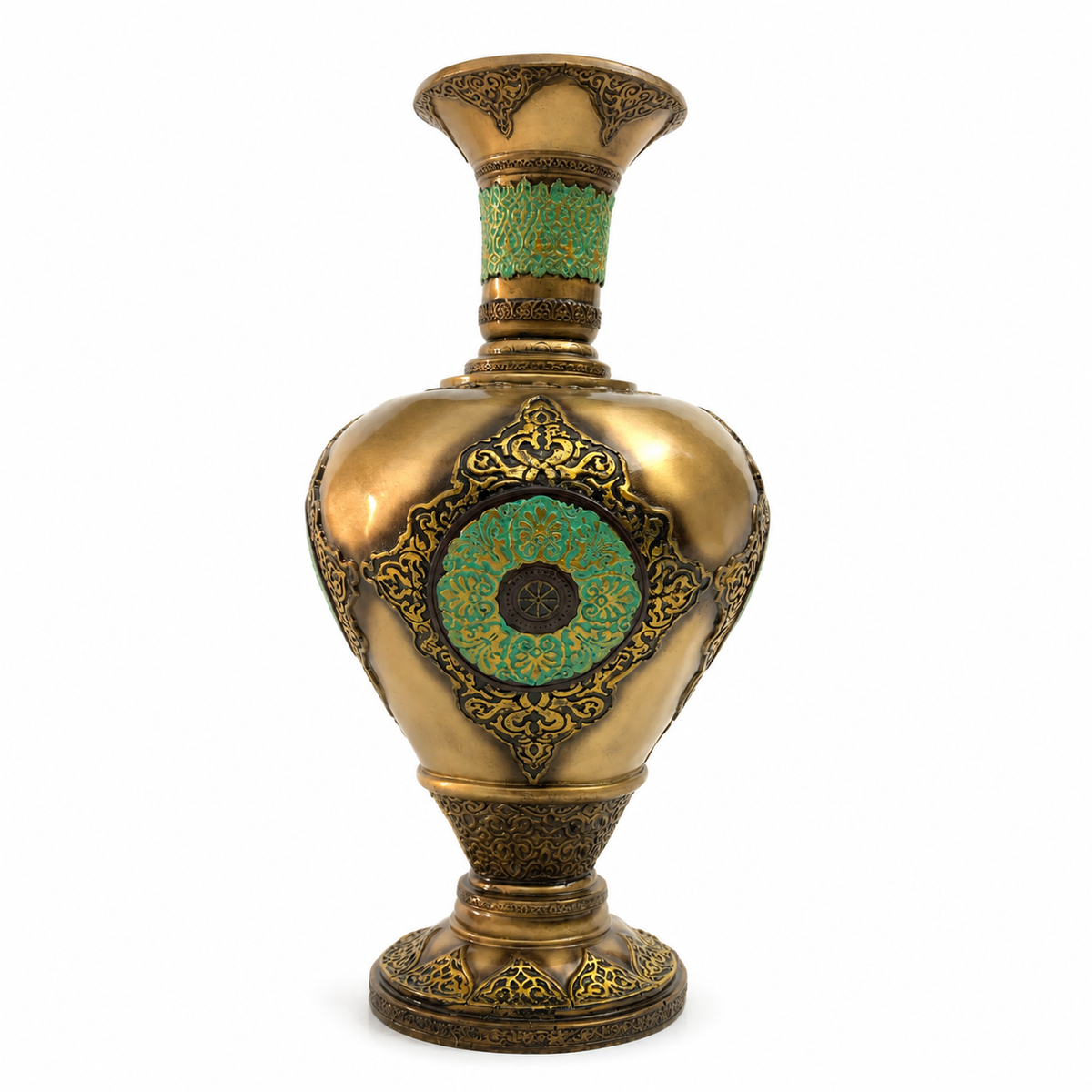 Vintage Ornate Fluted Flower Vase - Antique Bronze & Turquoise Green