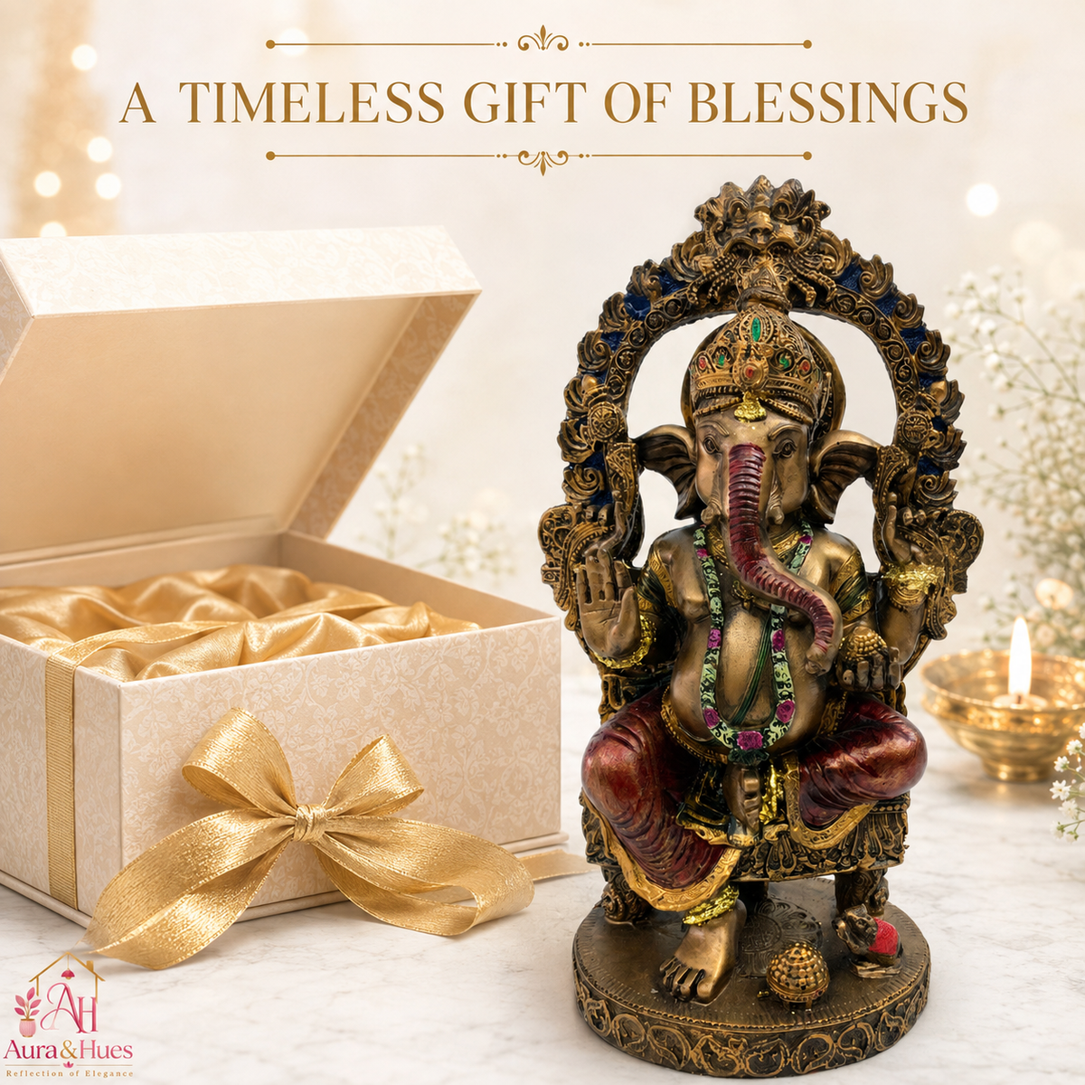Royal Singhasan Ganesha Idol on Throne - Antique Bronze, Gold & Maroon