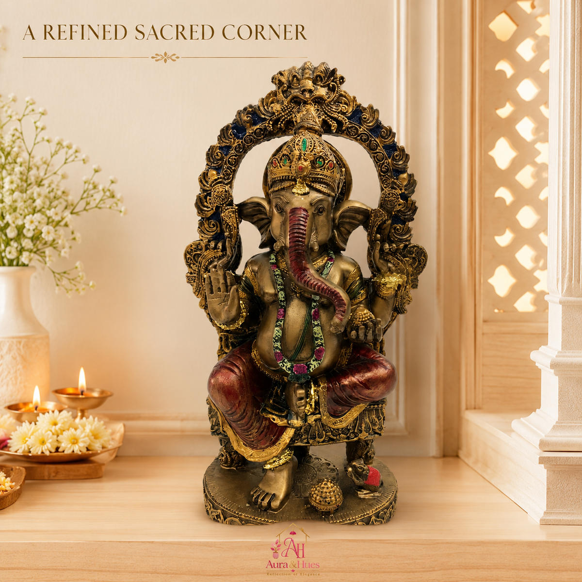 Royal Singhasan Ganesha Idol on Throne - Antique Bronze, Gold & Maroon