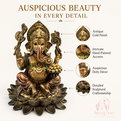 Auspicious Blessings Lord Ganesha Idol - Antique Bronze & Gold