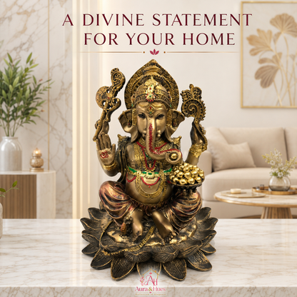 Auspicious Blessings Lord Ganesha Idol - Antique Bronze & Gold