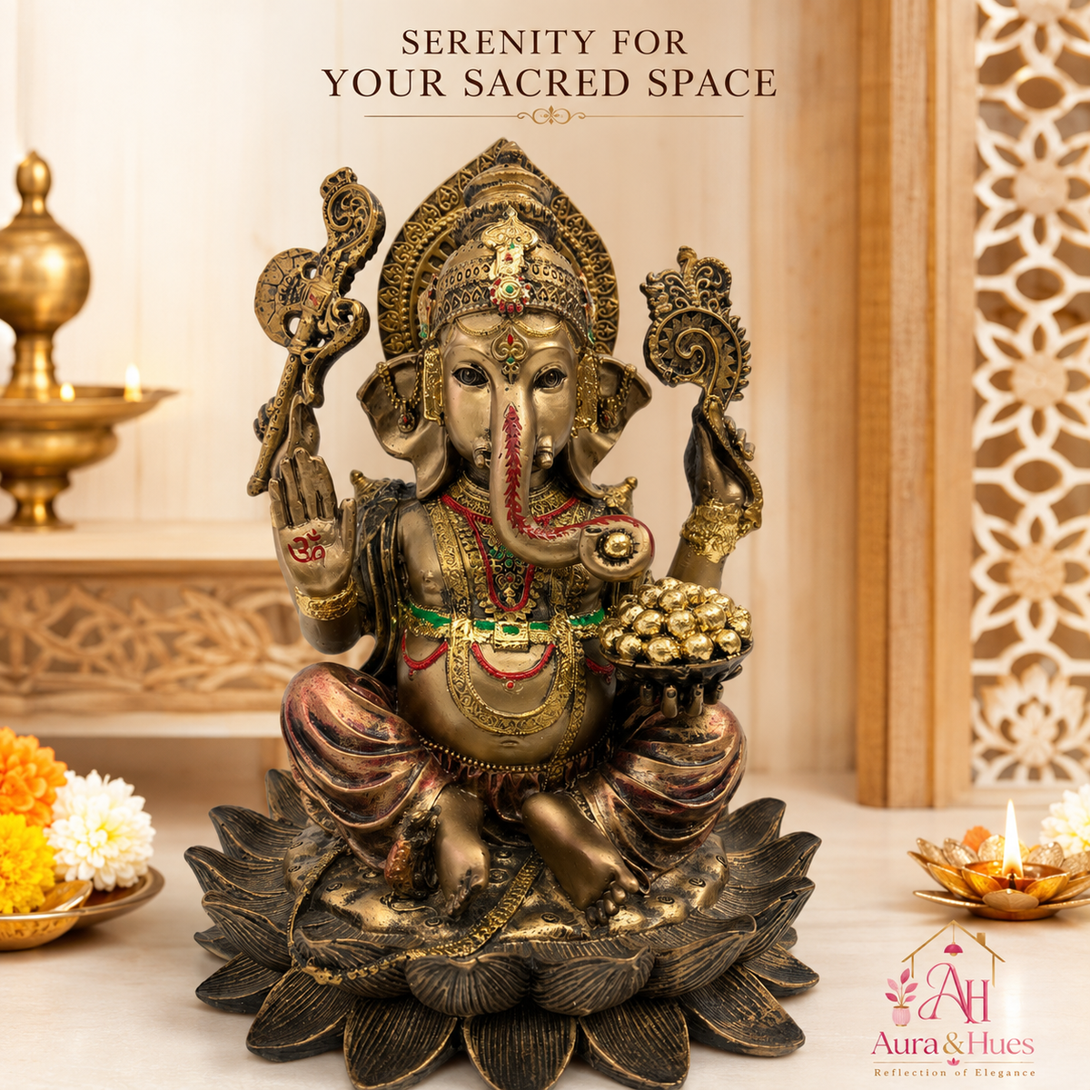 Auspicious Blessings Lord Ganesha Idol - Antique Bronze & Gold