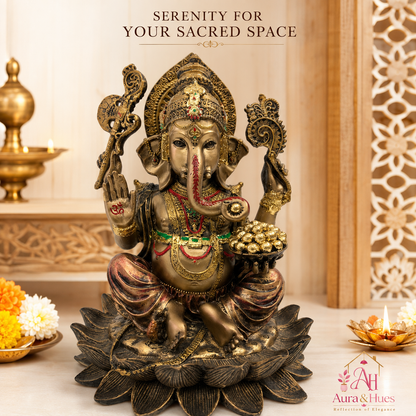 Auspicious Blessings Lord Ganesha Idol - Antique Bronze & Gold