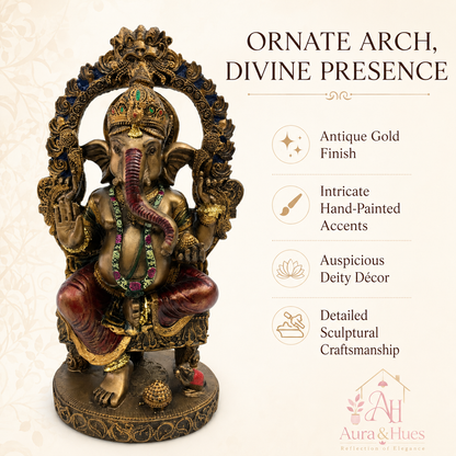 Royal Singhasan Ganesha Idol on Throne - Antique Bronze, Gold & Maroon
