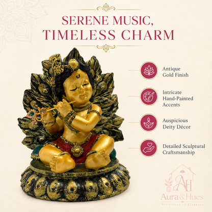 Adorable Bal Krishna with Makhan Handi Idol - Antique Gold, Red & Green