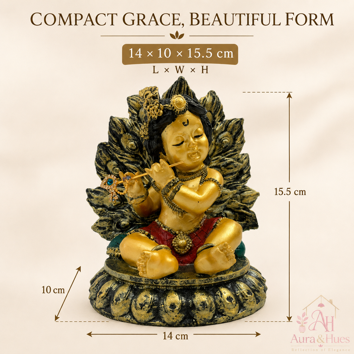 Adorable Bal Krishna with Makhan Handi Idol - Antique Gold, Red & Green