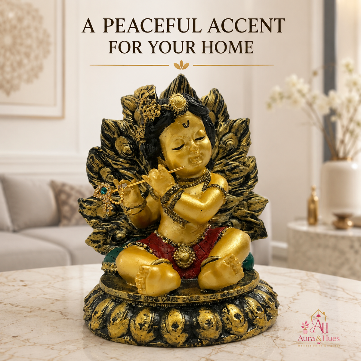 Adorable Bal Krishna with Makhan Handi Idol - Antique Gold, Red & Green