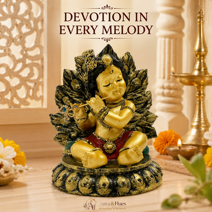 Adorable Bal Krishna with Makhan Handi Idol - Antique Gold, Red & Green