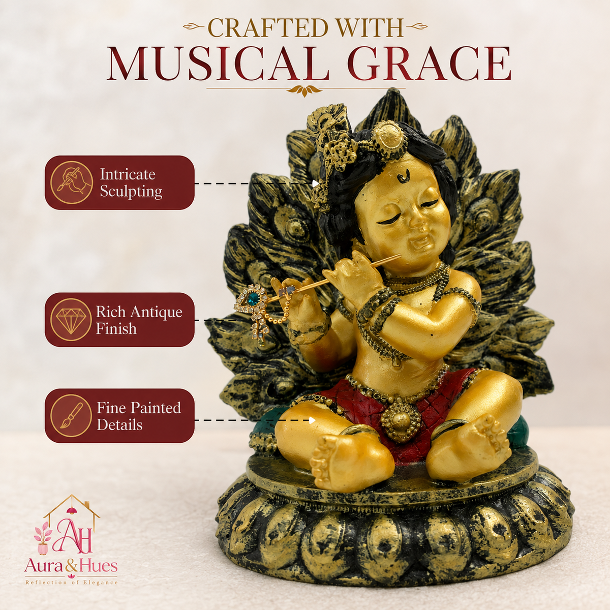 Adorable Bal Krishna with Makhan Handi Idol - Antique Gold, Red & Green