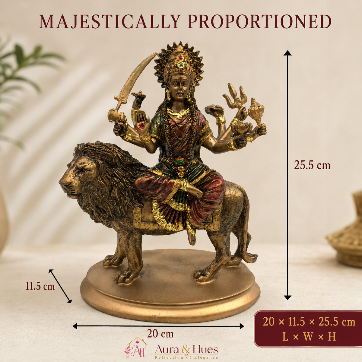 Sacred Sherawali Mata Rani Idol - Metallic Gold, Deep Maroon & Green