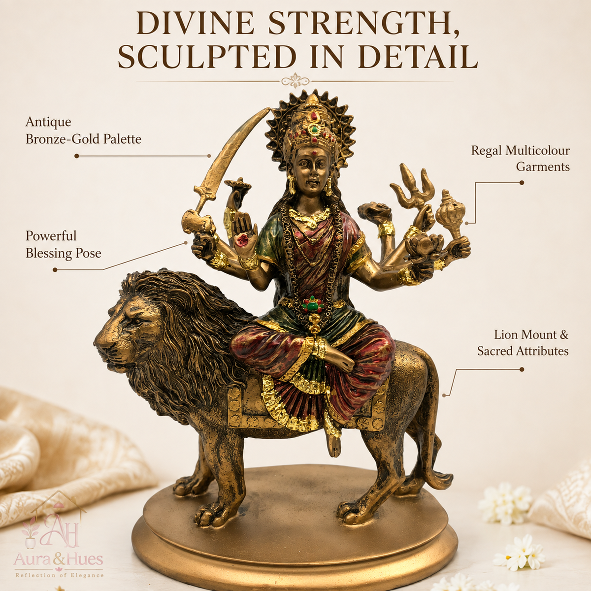 Sacred Sherawali Mata Rani Idol - Metallic Gold, Deep Maroon & Green