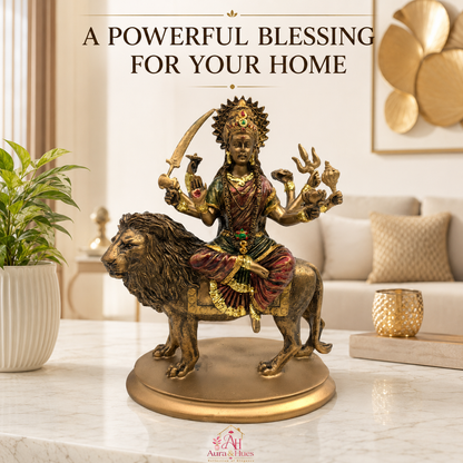 Sacred Sherawali Mata Rani Idol - Metallic Gold, Deep Maroon & Green