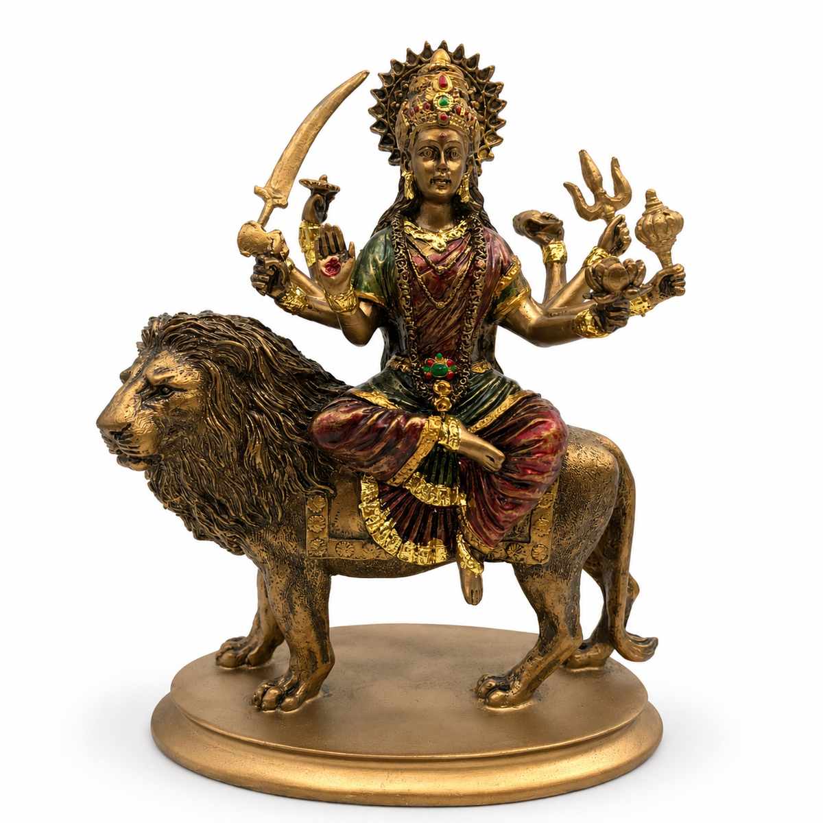 Sacred Sherawali Mata Rani Idol - Metallic Gold, Deep Maroon & Green