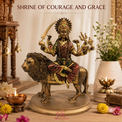 Sacred Sherawali Mata Rani Idol - Metallic Gold, Deep Maroon & Green