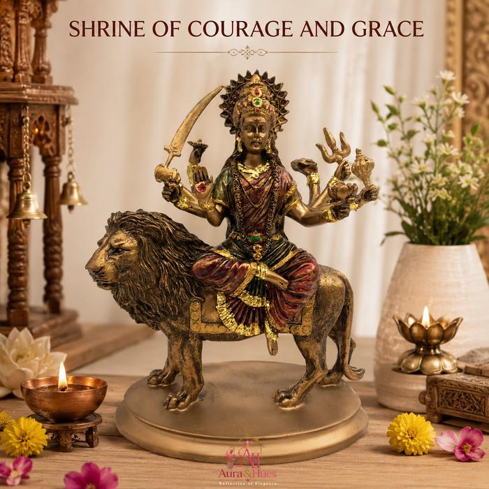 Sacred Sherawali Mata Rani Idol - Metallic Gold, Deep Maroon & Green