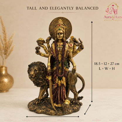 Majestic Standing Durga Mata Idol - Metallic Gold, Deep Maroon & Green