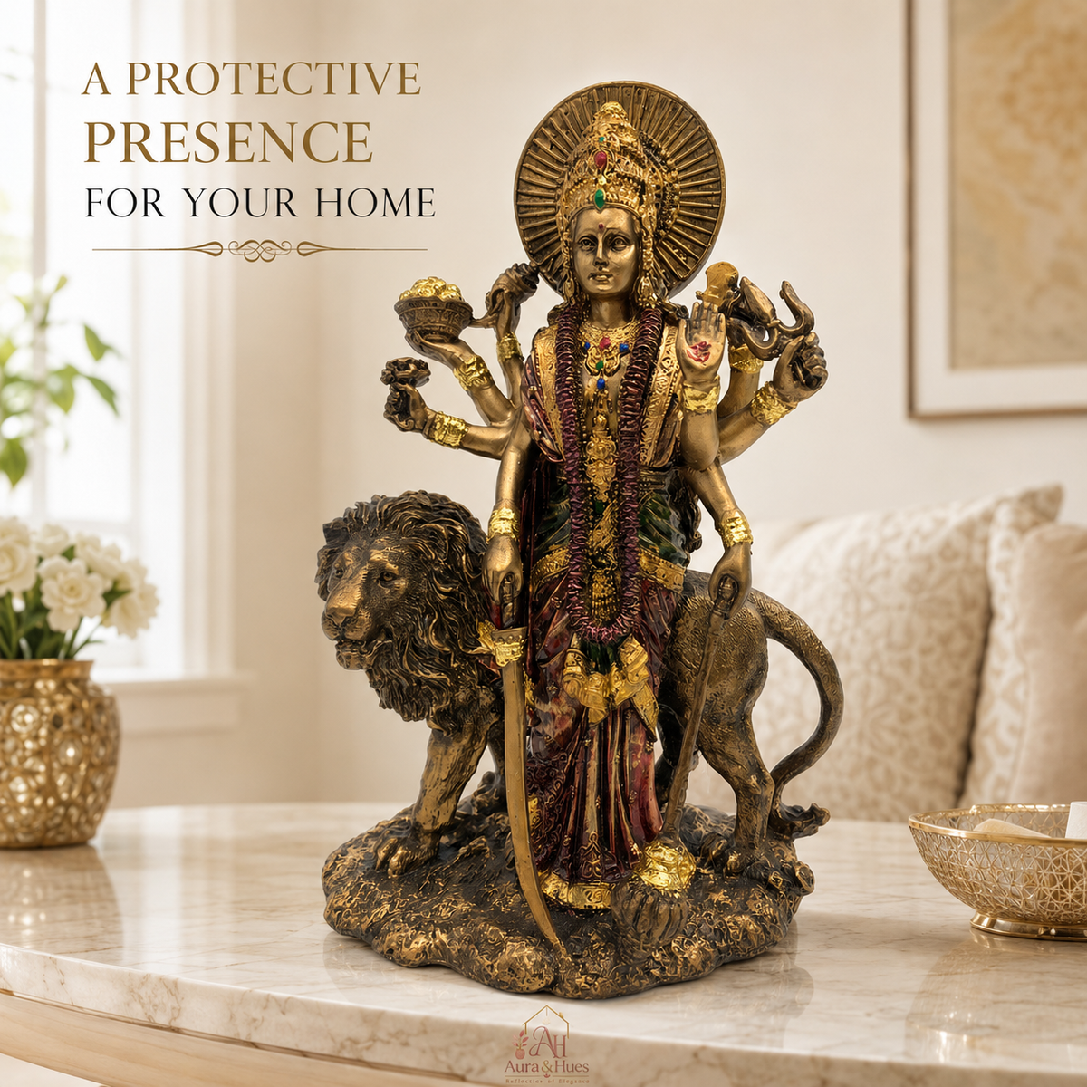 Majestic Standing Durga Mata Idol - Metallic Gold, Deep Maroon & Green