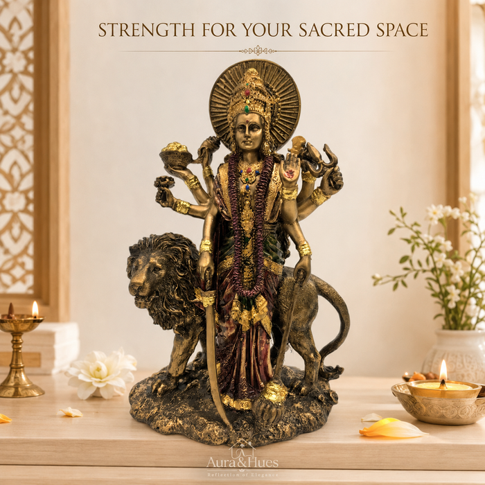 Majestic Standing Durga Mata Idol - Metallic Gold, Deep Maroon & Green