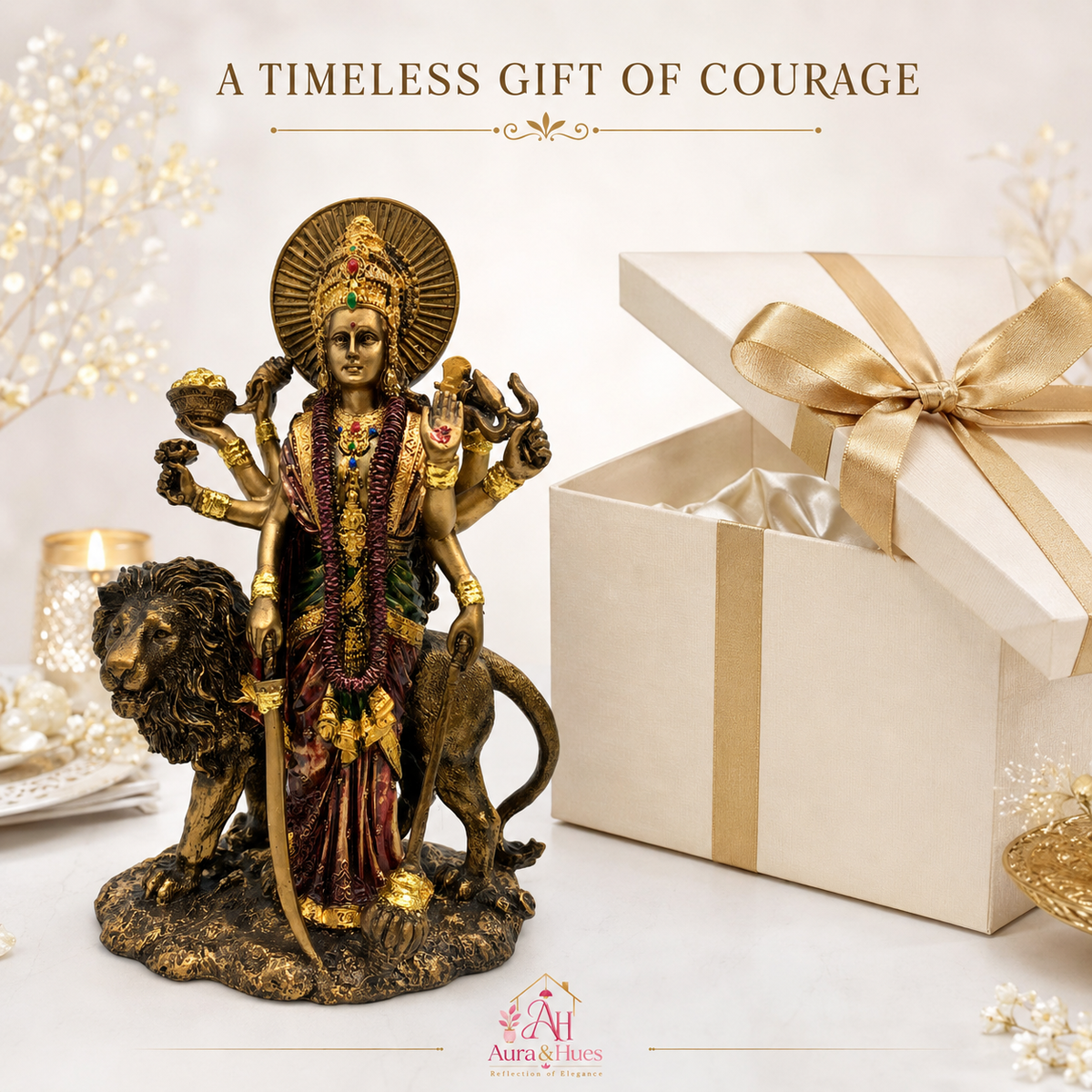 Majestic Standing Durga Mata Idol - Metallic Gold, Deep Maroon & Green