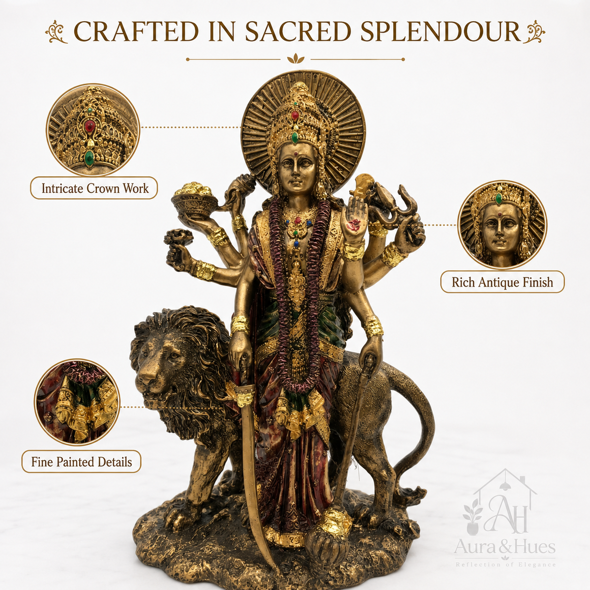 Majestic Standing Durga Mata Idol - Metallic Gold, Deep Maroon & Green