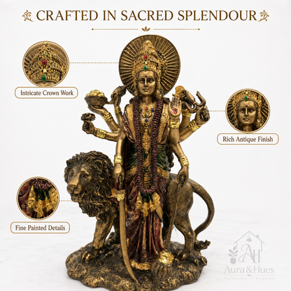 Majestic Standing Durga Mata Idol - Metallic Gold, Deep Maroon & Green