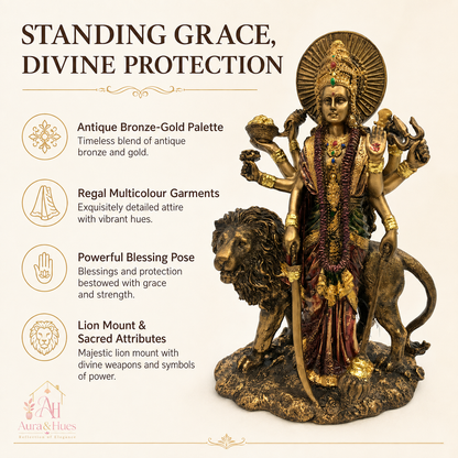 Majestic Standing Durga Mata Idol - Metallic Gold, Deep Maroon & Green