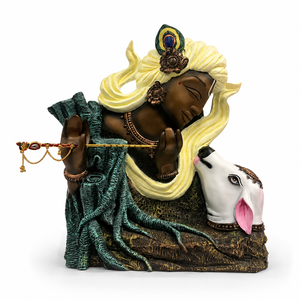 Divine Antique Krishna with Sacred Cow Idol - Brown, Cream, Blue & White