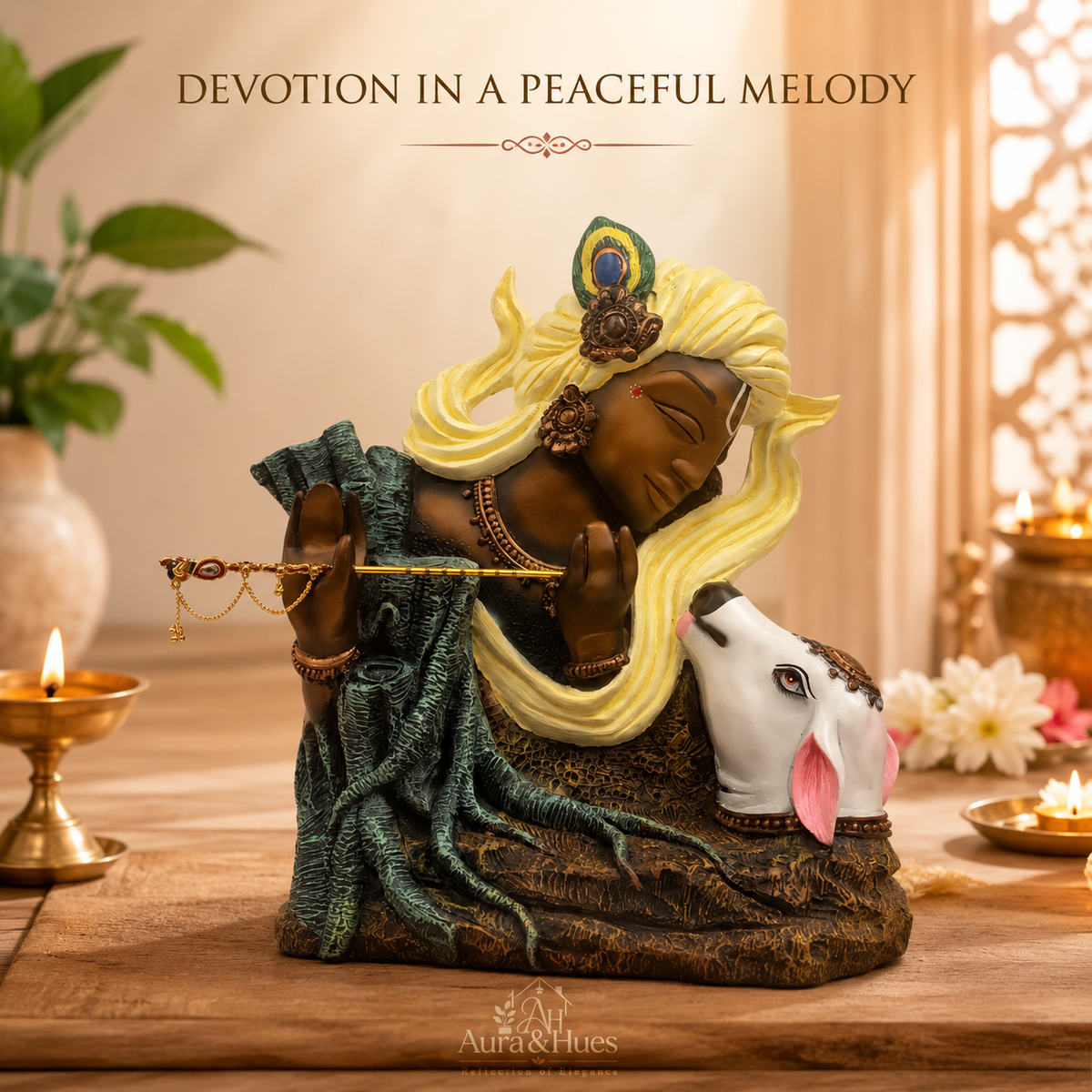 Divine Antique Krishna with Sacred Cow Idol - Brown, Cream, Blue & White