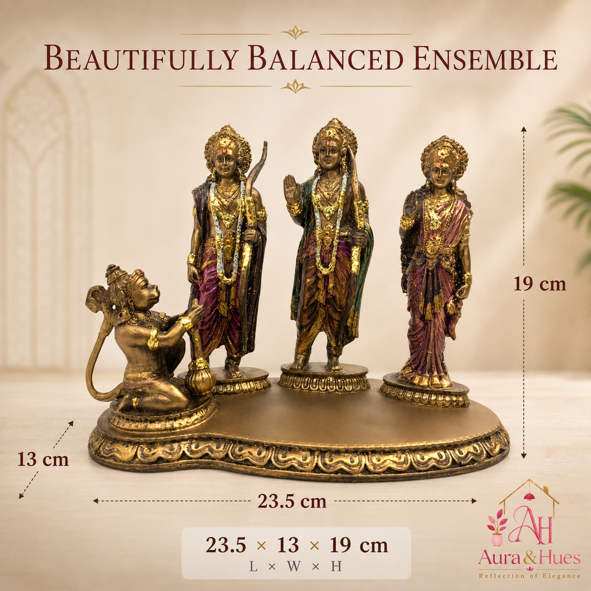 Auspicious Ram Darbar Idol with Base - Antique Gold & Maroon