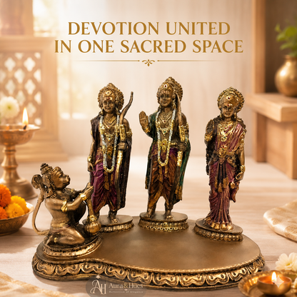 Auspicious Ram Darbar Idol with Base - Antique Gold & Maroon
