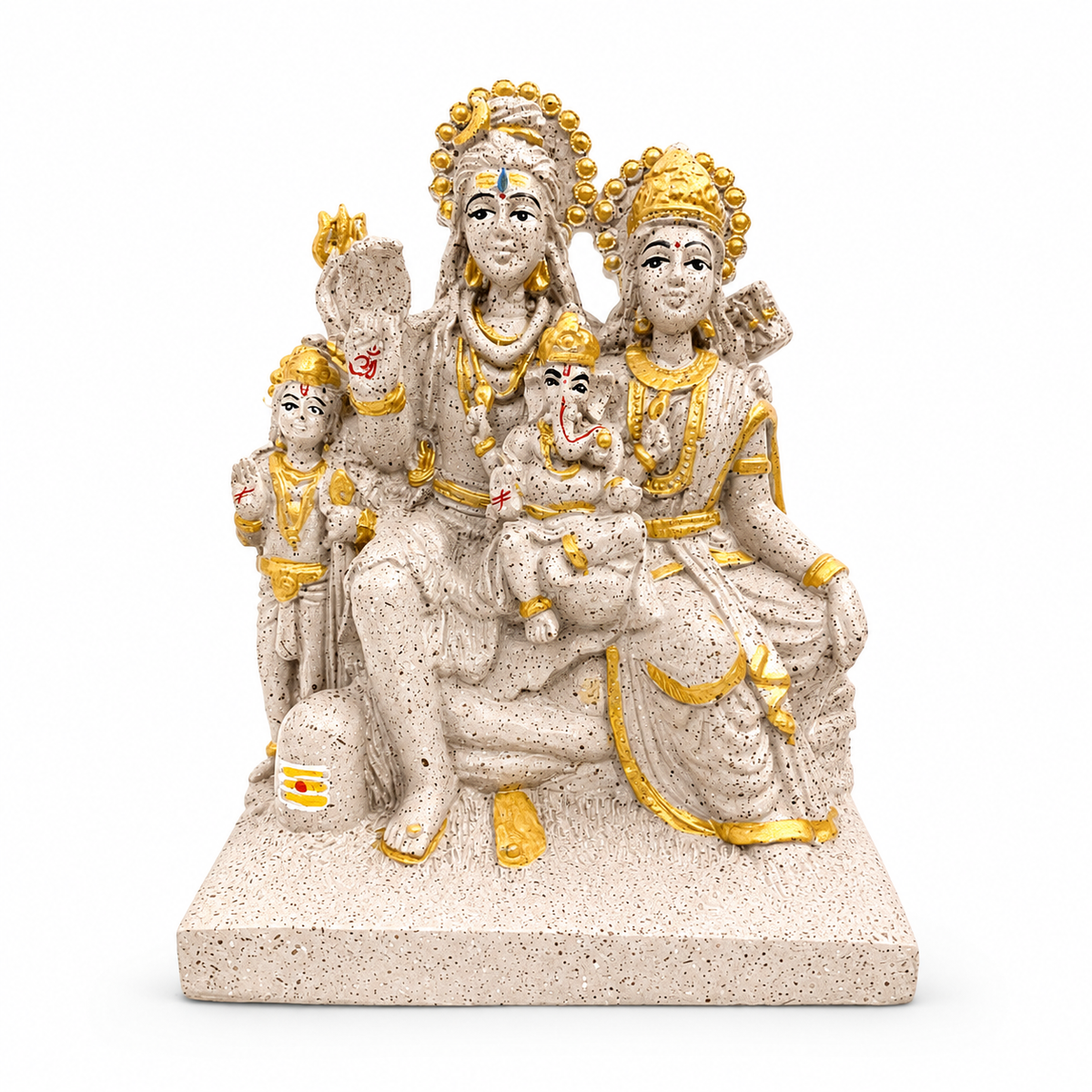 Sacred Stone-Finish Shiv Parivar Family Idol - Pinkish Beige & Gold