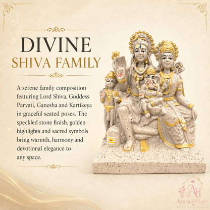 Sacred Stone-Finish Shiv Parivar Family Idol - Pinkish Beige & Gold
