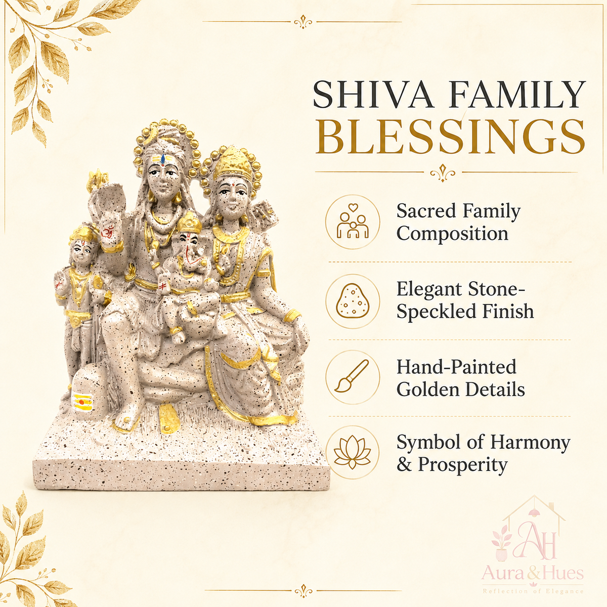 Sacred Stone-Finish Shiv Parivar Family Idol - Pinkish Beige & Gold
