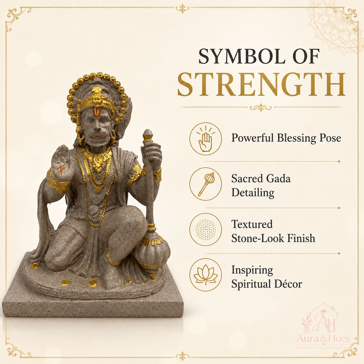 Sacred Stone-Finish Veer Hanuman Idol - Pinkish Beige & Gold