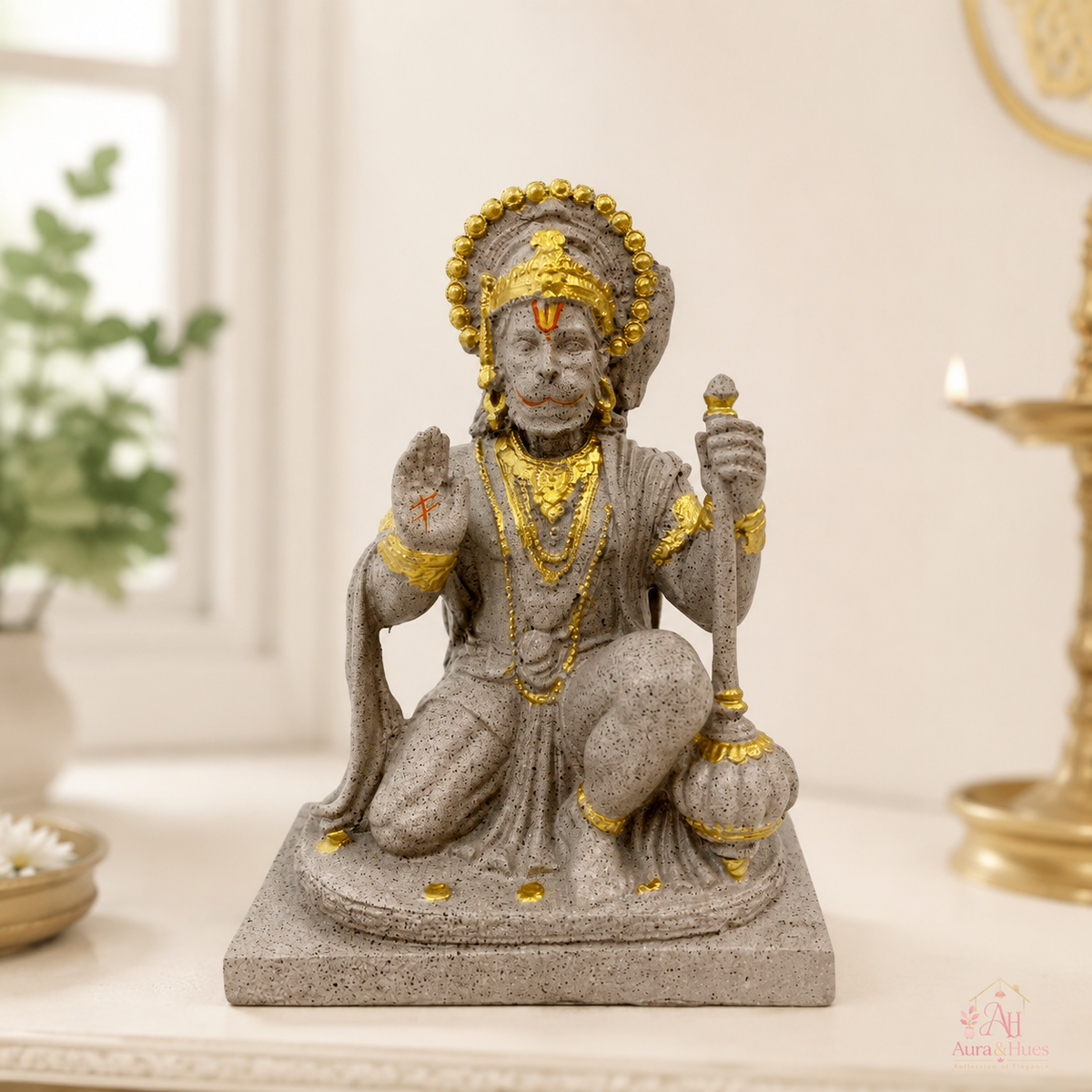 Sacred Stone-Finish Veer Hanuman Idol - Pinkish Beige & Gold