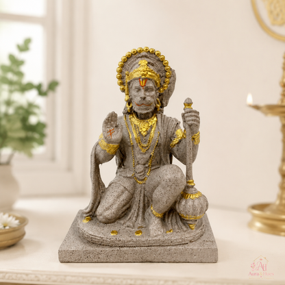 Sacred Stone-Finish Veer Hanuman Idol - Pinkish Beige & Gold