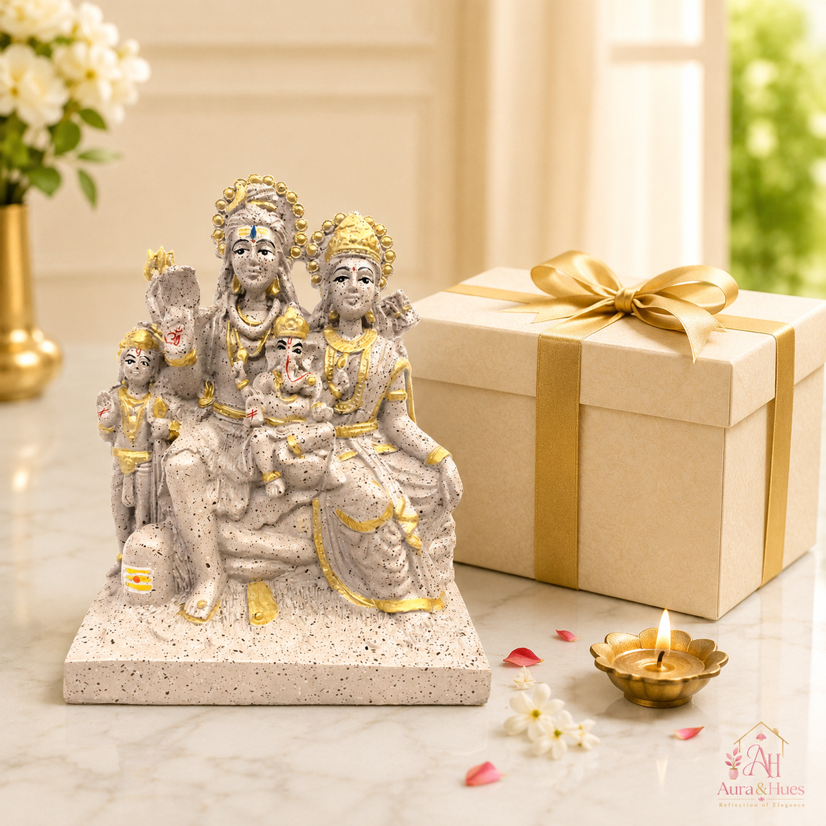 Sacred Stone-Finish Shiv Parivar Family Idol - Pinkish Beige & Gold